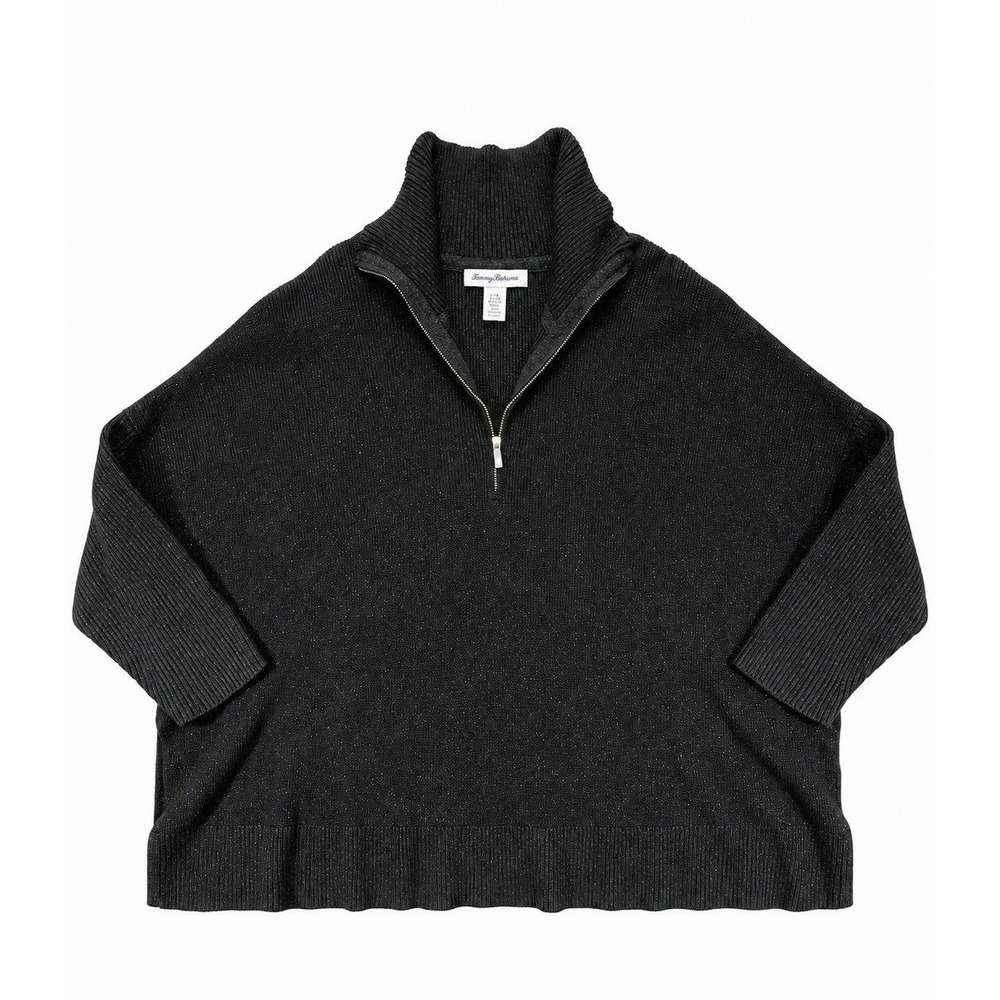 Tommy Bahama Shimmer Bonita Poncho Sweater Womens L/XL Black Metallic Half Zip